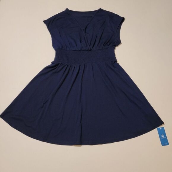 NEW L NAVY BLUE STRETCH WAIST V NECK SEXY FLOWY NAUTICAL DRESS LARGE NWT - Picture 3 of 7